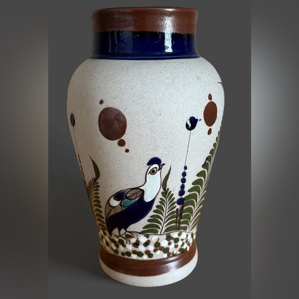 Tonala Mexican Pottery Vase Hand Painted Quail Butterfly Signed Mateos 8.75”